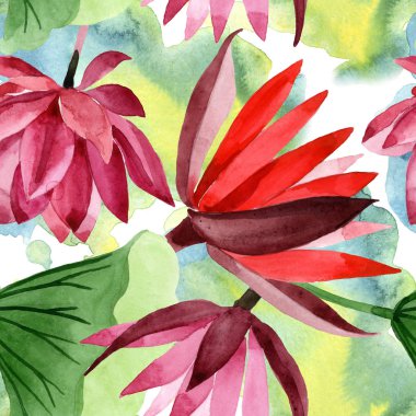 Kırmızı lotus çiçek botanik çiçek. Suluboya arka plan illüstrasyon seti. Kesintisiz arka plan deseni.