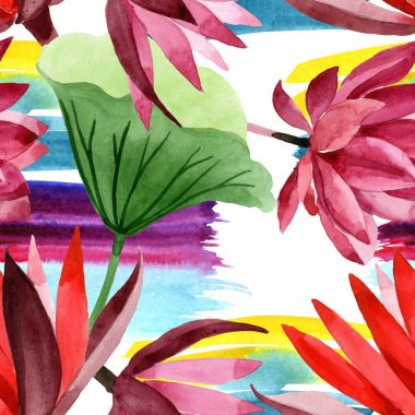 Red lotus floral botanical flower. Watercolor background illustration set. Seamless background pattern. clipart