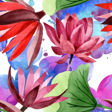 Kırmızı lotus çiçek botanik çiçek. Suluboya arka plan illüstrasyon seti. Kesintisiz arka plan deseni.