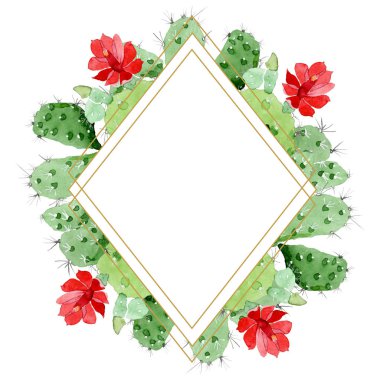Green cactus floral botanical flowers. Watercolor background illustration set. Frame border ornament square. clipart