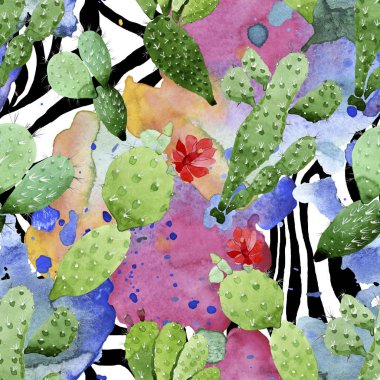 Yeşil kaktüs çiçek botanik çiçekleri. Suluboya arka plan illüstrasyon seti. Kesintisiz arka plan deseni.