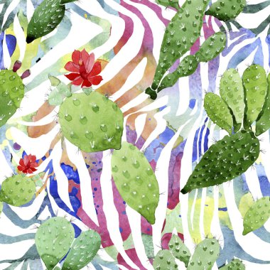 Green cactus floral botanical flowers. Watercolor background illustration set. Seamless background pattern. clipart