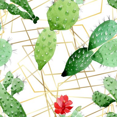 Green cactus floral botanical flowers. Watercolor background illustration set. Seamless background pattern. clipart