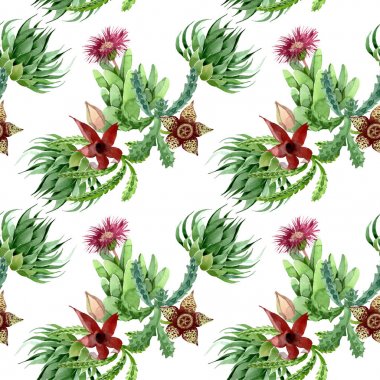 Yeşil kaktüs çiçek botanik çiçek. Suluboya arka plan illüstrasyon seti. Kesintisiz arka plan deseni.