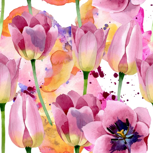 Pink tulipaner blomstrede botaniske blomster. Akvarel baggrund illustration sæt. Problemfri baggrund mønster . - Stock-foto