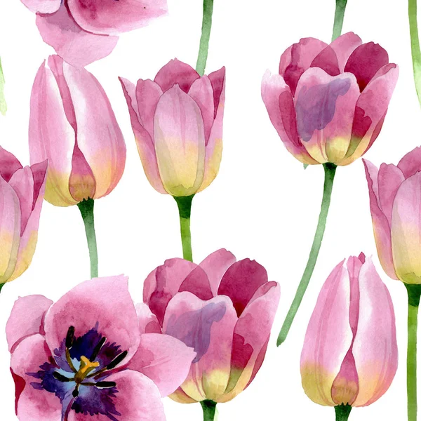 Tulipani rosa fiori botanici floreali. Acquerello sfondo illustrazione set. Modello di sfondo senza soluzione di continuità . — Foto Stock