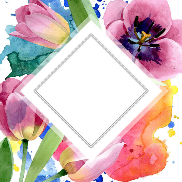 Pink tulips floral botanical flowers. Watercolor background illustration set. Frame border ornament square.