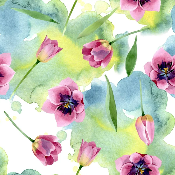 Rosa Tulpen mit botanischen Blüten. Aquarell Hintergrundillustration Set. nahtloses Hintergrundmuster. — Stockfoto