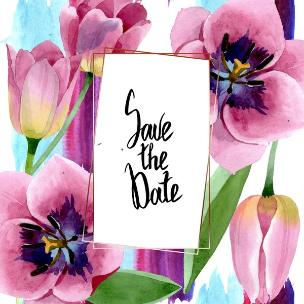 Tulipani rosa fiori botanici floreali. Acquerello sfondo illustrazione set. Quadrato ornamento bordo cornice . — Foto Stock