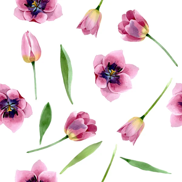 Pink tulips floral botanical flowers. Watercolor background illustration set. Seamless background pattern. — Stock Photo, Image