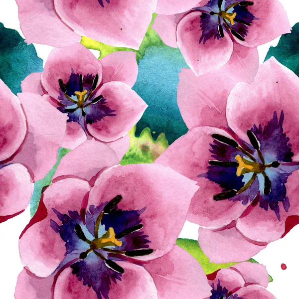 Rosa tulpaner blommiga botaniska blommor. Akvarell bakgrund illustration uppsättning. Sömlöst bakgrundsmönster. — Stockfoto