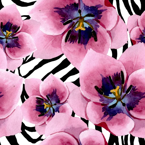 Roze tulpen bloemen botanische bloemen. Aquarel achtergrond illustratie instellen. Naadloos achtergrond patroon. — Stockfoto