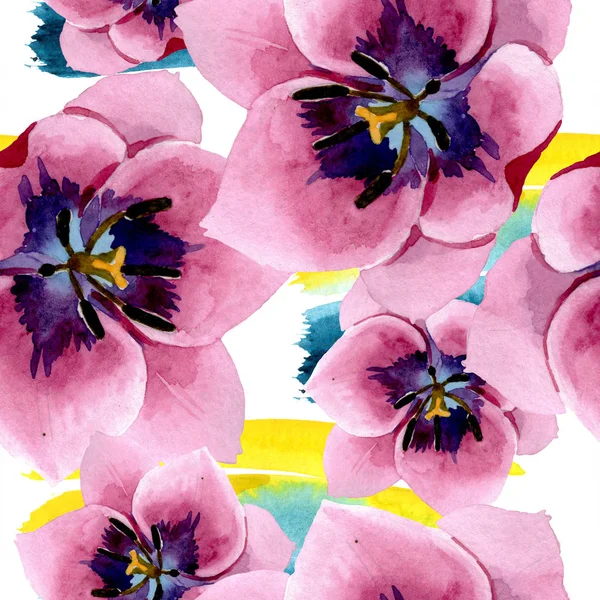 Lalele roz flori florale botanice. Set de ilustrații de fundal acuarelă. Model de fundal fără sudură . — Fotografie, imagine de stoc