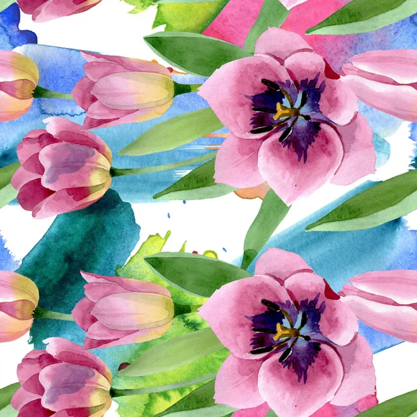 Pink tulipaner blomstrede botaniske blomster. Akvarel baggrund illustration sæt. Problemfri baggrund mønster . - Stock-foto