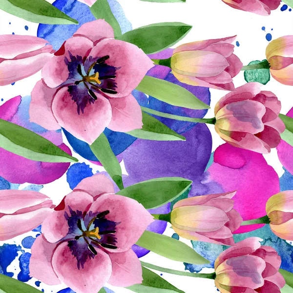 Rosa Tulpen mit botanischen Blüten. Aquarell Hintergrundillustration Set. nahtloses Hintergrundmuster. — Stockfoto