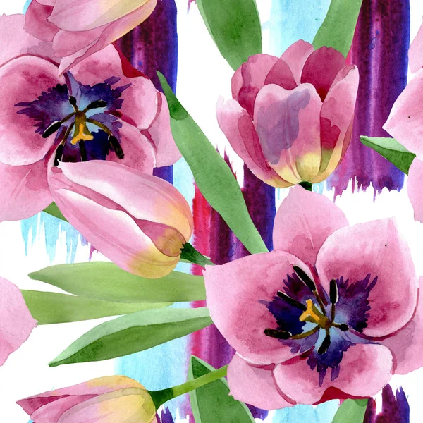 Rosa Tulpen mit botanischen Blüten. Aquarell Hintergrundillustration Set. nahtloses Hintergrundmuster. — Stockfoto