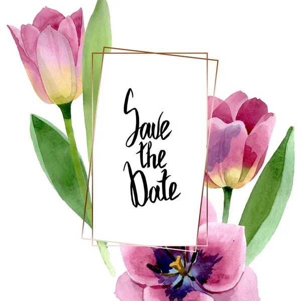 Tulipani rosa fiori botanici floreali. Acquerello sfondo illustrazione set. Quadrato ornamento bordo cornice . — Foto Stock