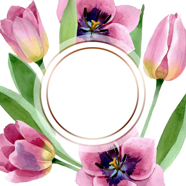 Rosa Tulpen mit botanischen Blüten. Aquarell Hintergrundillustration Set. Rahmen Rand Ornament Quadrat. — Stockfoto