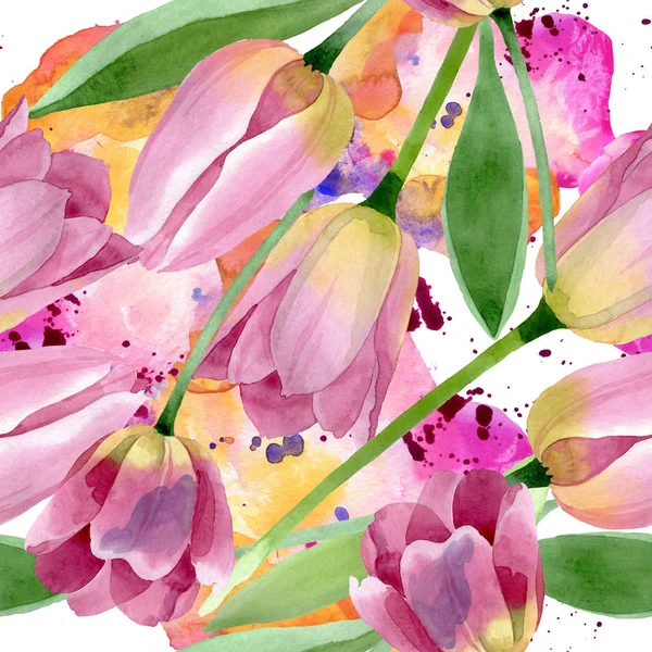 핑크 튤립 꽃 식물 꽃입니다. 수채화 배경 일러스트 세트입니다. 원활한 배경 패턴. — 스톡 사진