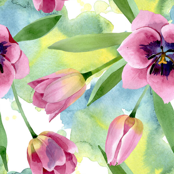 Розовые тюльпаны цветочные ботанические цветы. Набор акварельных фонов. Бесшовный рисунок фона
.