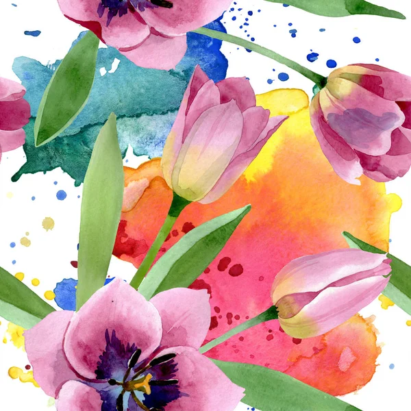 Pink tulipaner blomstrede botaniske blomster. Akvarel baggrund illustration sæt. Problemfri baggrund mønster . - Stock-foto