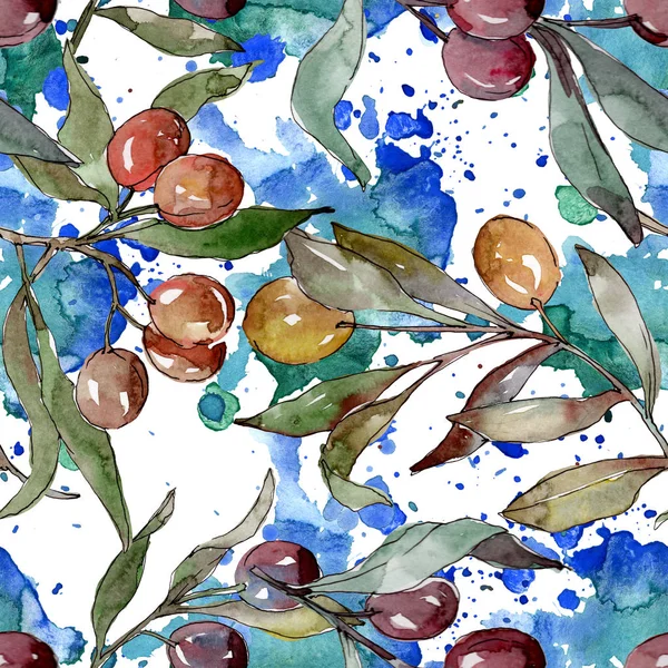 Olive branch with black and green fruit. Watercolor background illustration set. Seamless background pattern. — Stock Photo, Image