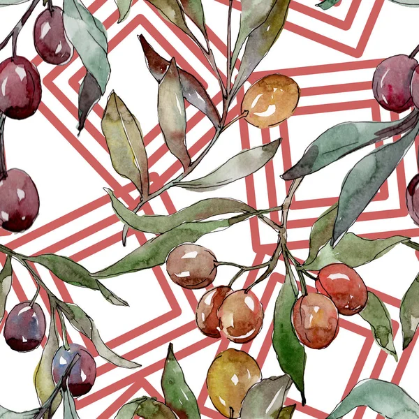 Olive branch with black and green fruit. Watercolor background illustration set. Seamless background pattern. — Stock Photo, Image