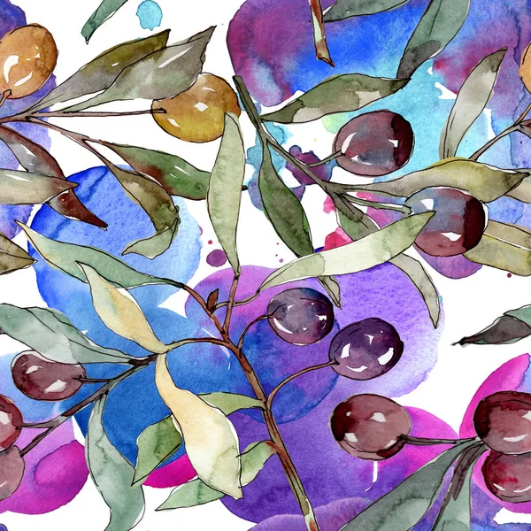 Branche d'olivier aux fruits noirs et verts. Ensemble d'illustration de fond aquarelle. Modèle de fond sans couture . — Photo