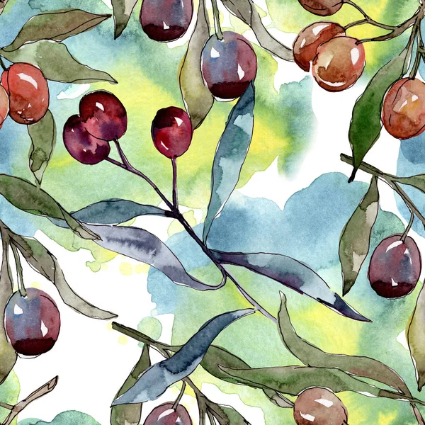 Olive branch with black and green fruit. Watercolor background illustration set. Seamless background pattern. — Stock Photo, Image