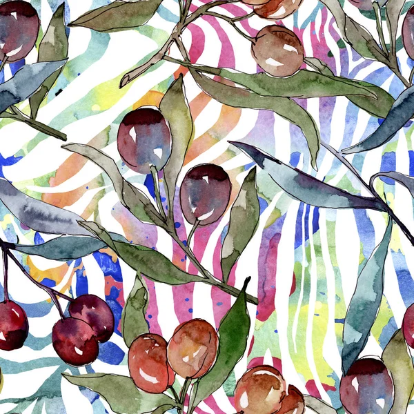 Rama de olivo con fruta negra y verde. Conjunto de ilustración de fondo acuarela. Patrón de fondo sin costuras . — Foto de Stock