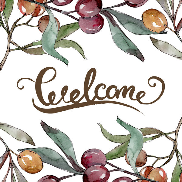 Оливковая ветвь с черными и зелеными фруктами. Набор акварельных фонов. Граничный орнамент
.