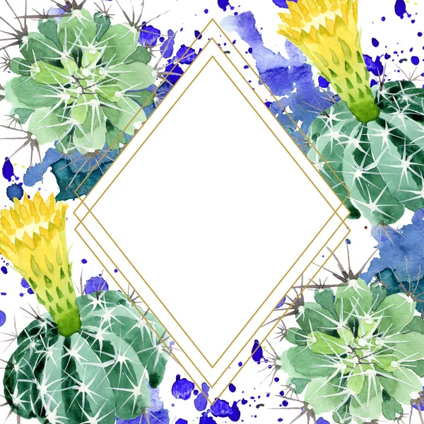 Grüne Kakteen mit botanischen Blüten. Aquarell Hintergrundillustration Set. Rahmen Rand Ornament Quadrat. — Stockfoto