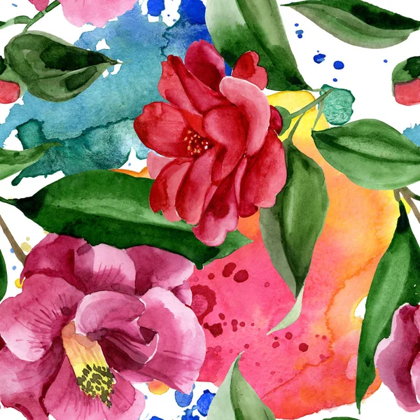 레드 카멜리아 꽃 식물 꽃입니다. 수채화 배경 일러스트 세트입니다. 원활한 배경 패턴. — 스톡 사진