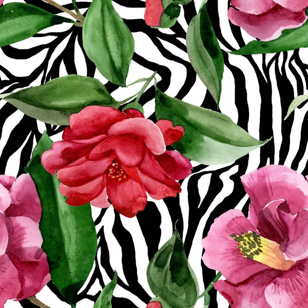 Red camelia floral botanical flower. Watercolor background illustration set. Seamless background pattern.