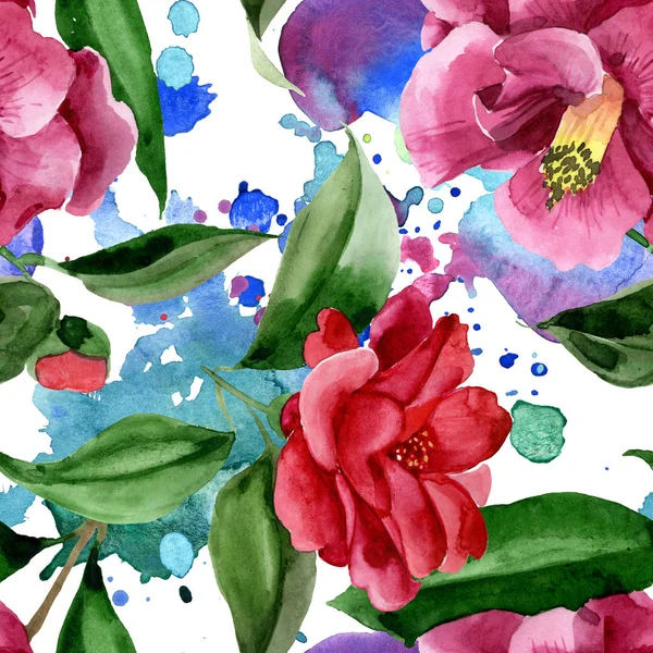 红色卡梅利亚花卉植物花。水彩背景插图集。无缝背景模式. — 图库照片