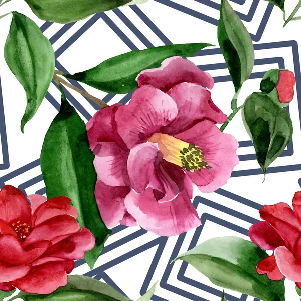 Camelia rossa fiore botanico floreale. Acquerello sfondo illustrazione set. Modello di sfondo senza soluzione di continuità . — Foto Stock