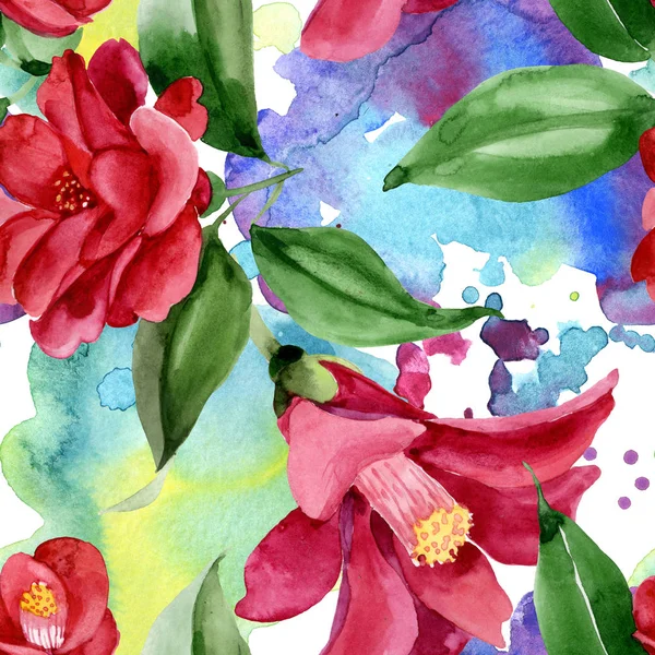 레드 카멜리아 꽃 식물 꽃입니다. 수채화 배경 일러스트 세트입니다. 원활한 배경 패턴. — 스톡 사진