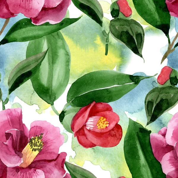 Red camelia floral botanical flower. Watercolor background illustration set. Seamless background pattern. — Stock Photo, Image