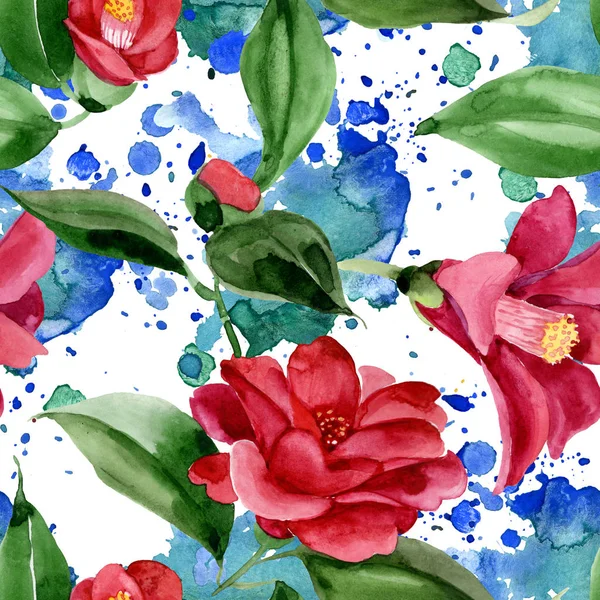 Camélia vermelha flor botânica floral. Conjunto de ilustração de fundo aquarela. Padrão de fundo sem costura . — Fotografia de Stock