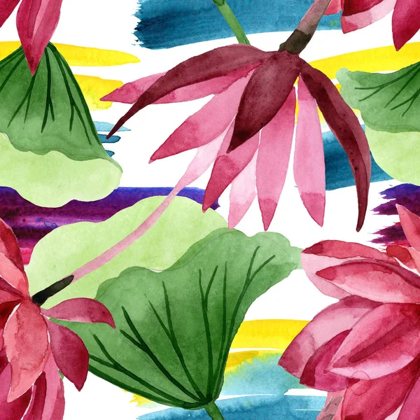 Flor botánica floral de loto rojo. Conjunto de ilustración de fondo acuarela. Patrón de fondo sin costuras . — Foto de Stock