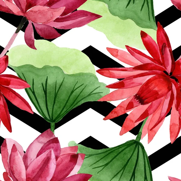 Flor botánica floral de loto rojo. Conjunto de ilustración de fondo acuarela. Patrón de fondo sin costuras . — Foto de Stock