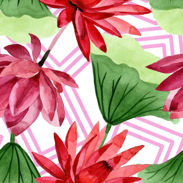 Fiore botanico floreale di loto rosso. Acquerello sfondo illustrazione set. Modello di sfondo senza soluzione di continuità . — Foto Stock