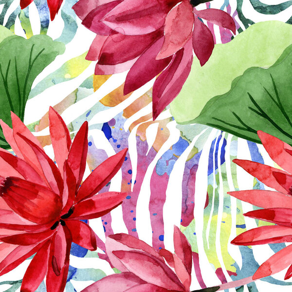 Red lotus floral botanical flower. Watercolor background illustration set. Seamless background pattern.