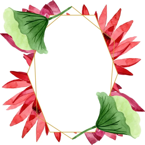 Flor botânica floral de lótus vermelho. Conjunto de ilustração de fundo aquarela. Quadro borda ornamento quadrado . — Fotografia de Stock