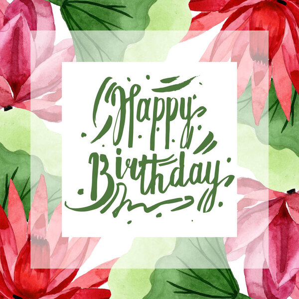 Red lotus floral botanical flower. Watercolor background illustration set. Frame border ornament square.