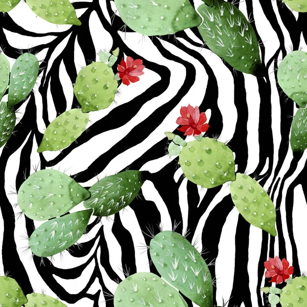 Fleurs botaniques florales de cactus vert. Ensemble d'illustration de fond aquarelle. Modèle de fond sans couture . — Photo