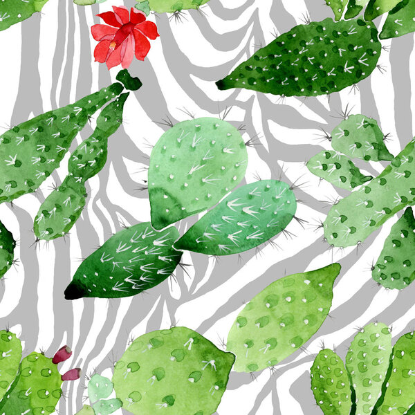Green cactus floral botanical flowers. Watercolor background illustration set. Seamless background pattern.