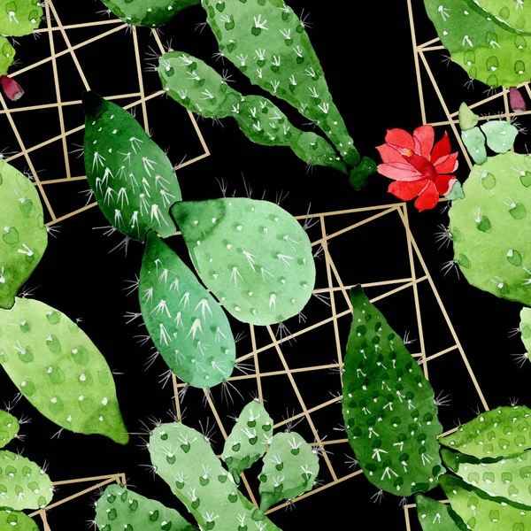 Flores botánicas florales de cactus verde. Conjunto de ilustración de fondo acuarela. Patrón de fondo sin costuras . — Foto de Stock