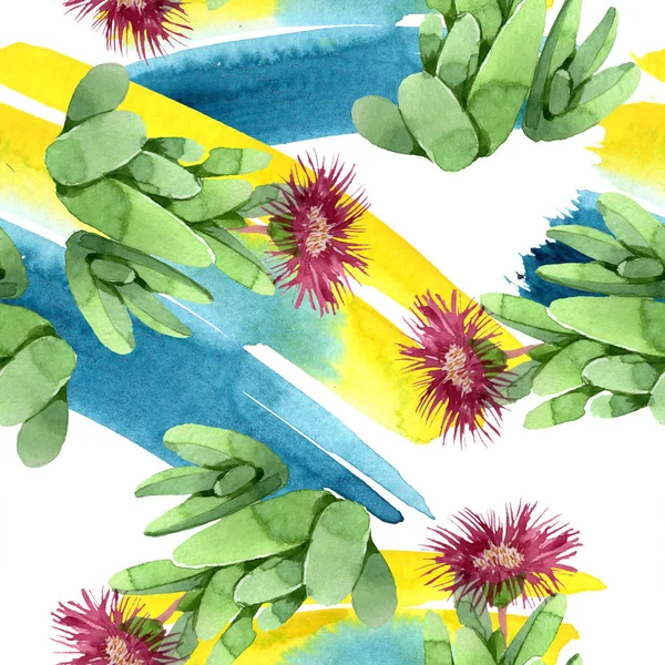 绿色仙人掌花卉植物花。水彩背景插图集。无缝背景模式. — 图库照片