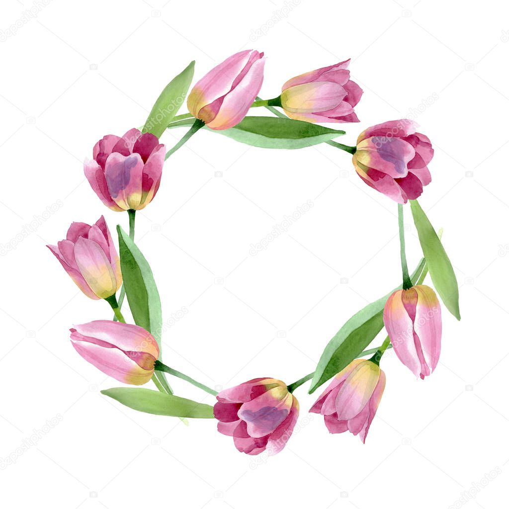 Pink tulips floral botanical flowers. Watercolor background illustration set. Frame border ornament square.